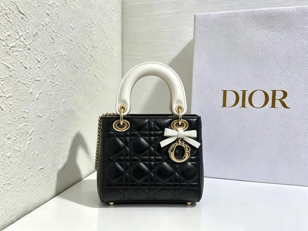 Dior Lady-Style Mini Handbag 
"Black/White /Gold-Tone Charms"