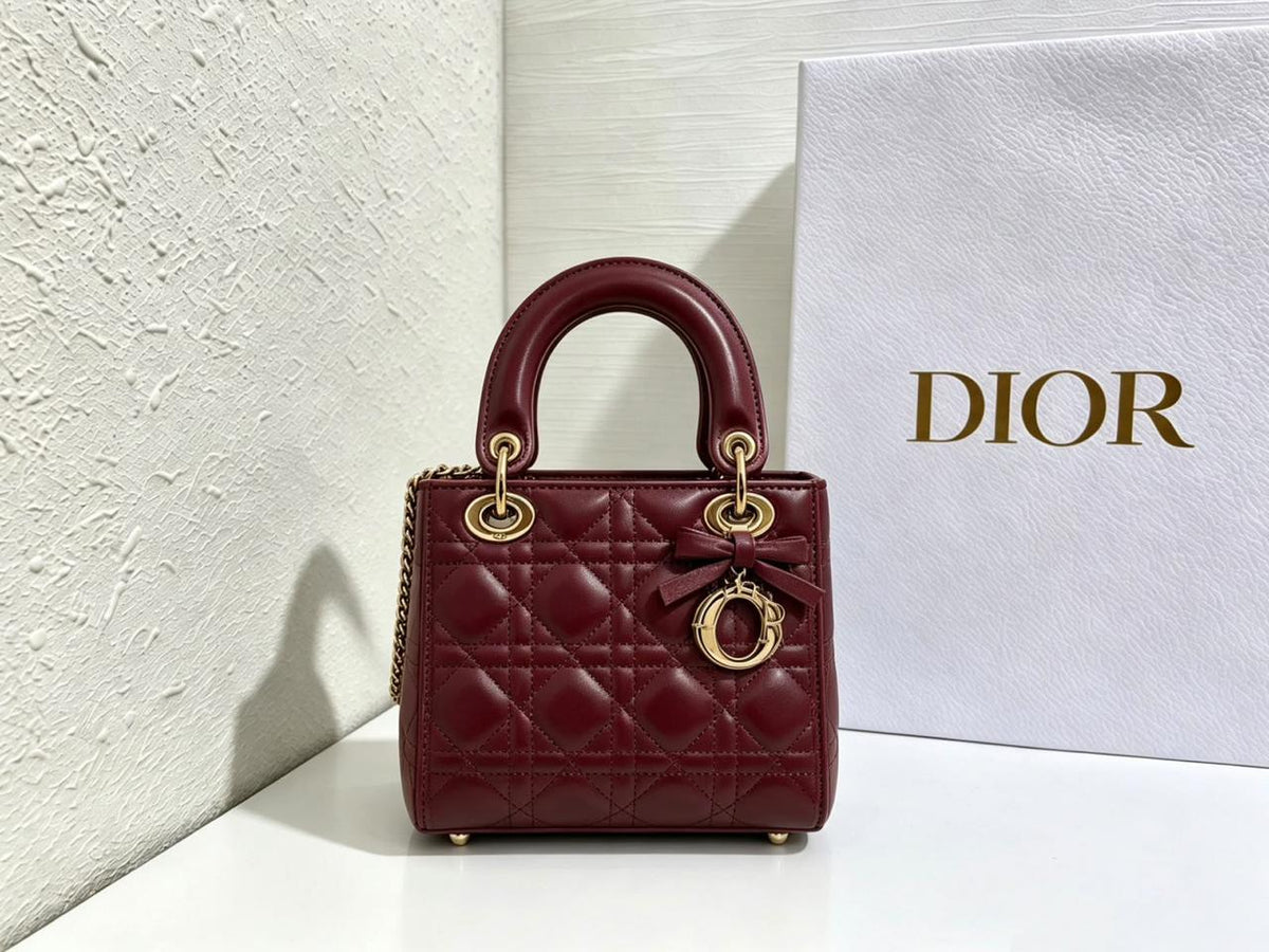 Dior Lady-Style Mini Handbag "Burgundy Gold-Tone Charms"