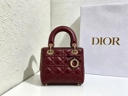 Dior Lady-Style Mini Handbag "Burgundy Gold-Tone Charms"