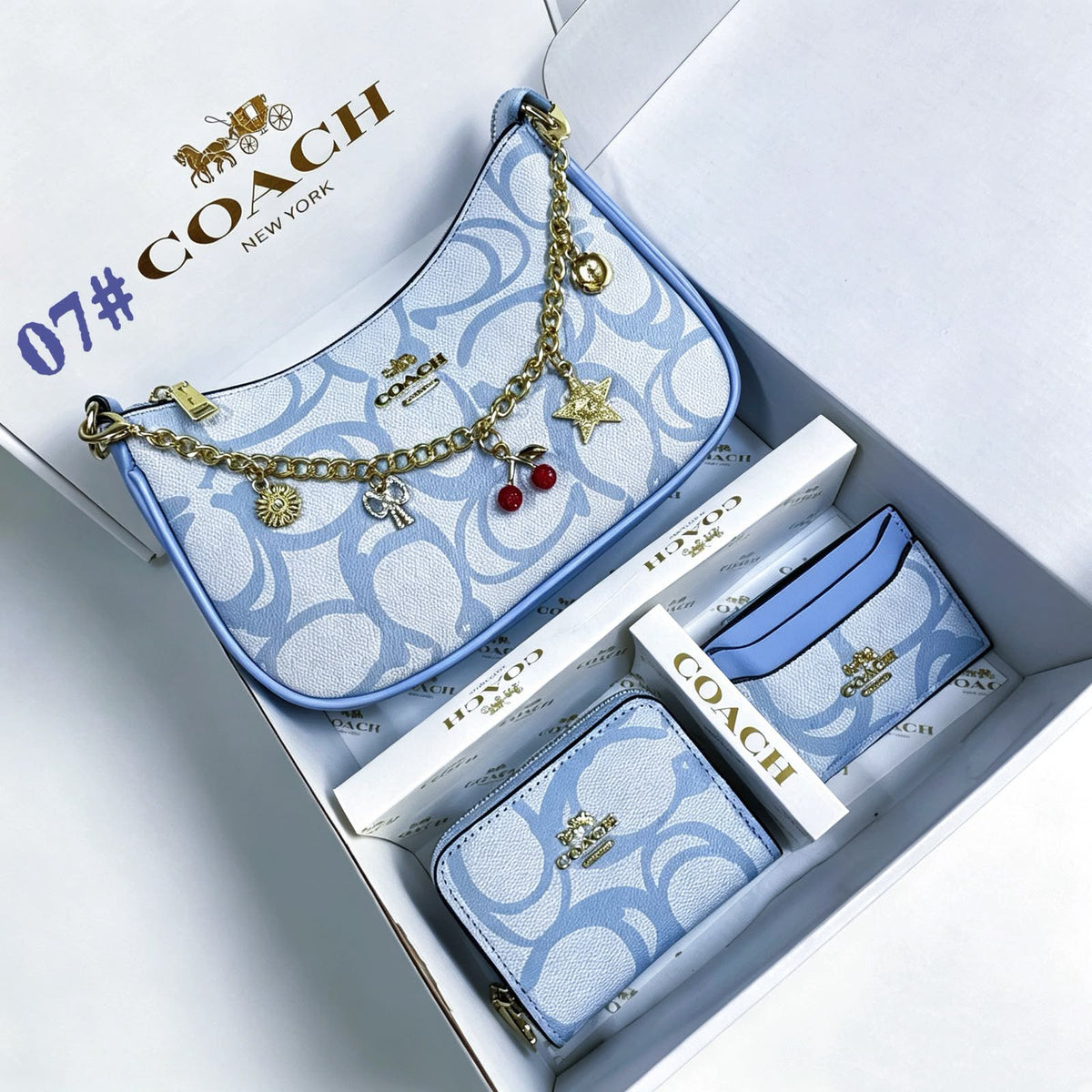 Coach Signature Charm Shoulder Bag Gift Set "Light Blue"