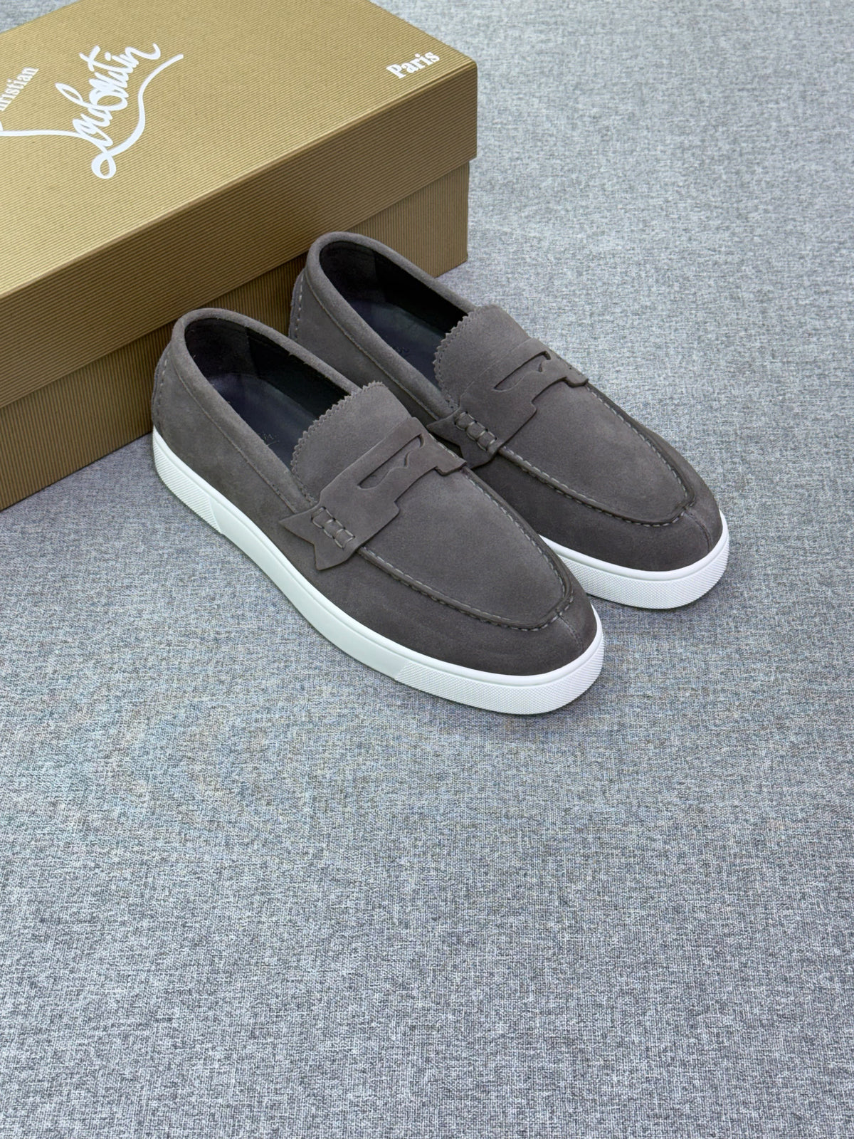 Christian Louboutin "Grey Suede Penny Loafers/ White Sole"
