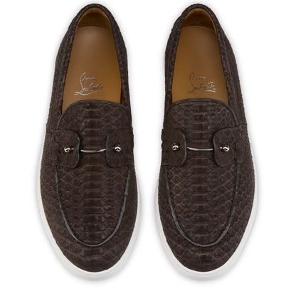Christian Louboutin Slip-On Embossed Leather Loafers – Dark Brown with White Sole,