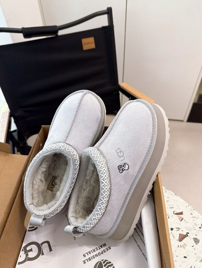 UGG Tazz Platform Slippers  "Light Grey Suede/ White Braided Trim"