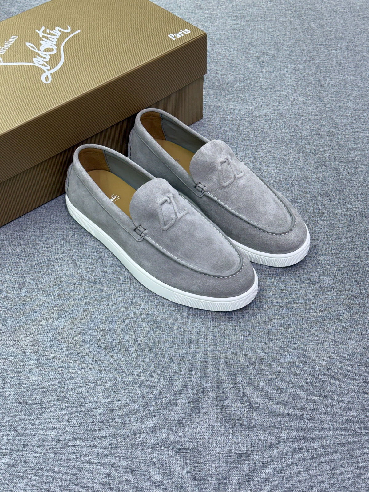 Christian Louboutin Paris Light Grey Suede Loafers with Embossed CL Logo, Sneaker Sole