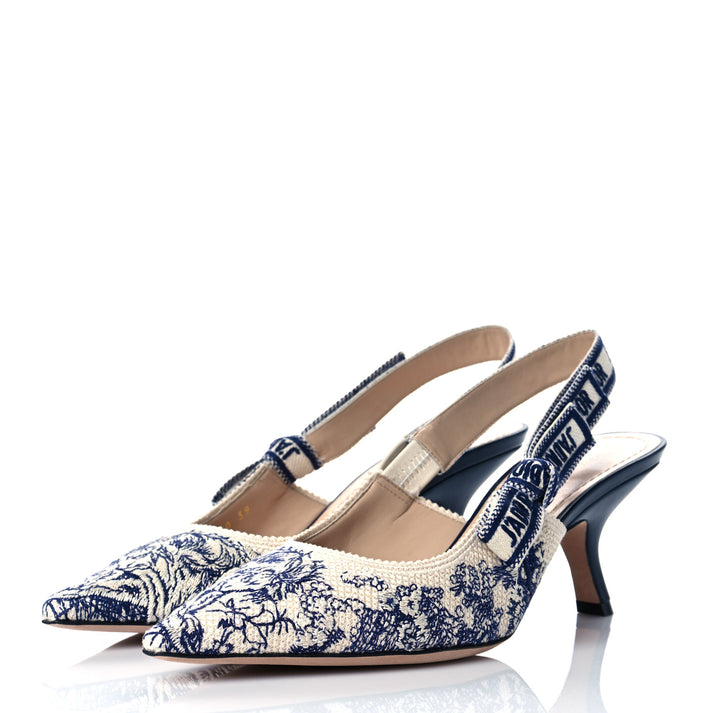 Dior J'Adior Pointed-Toe Slingback Pumps, "Blue/ White" Toile de Jouy
