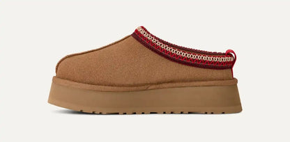 UGG Tazz Platform Slippers  "Chestnut Suede/ Red Braided Trim"