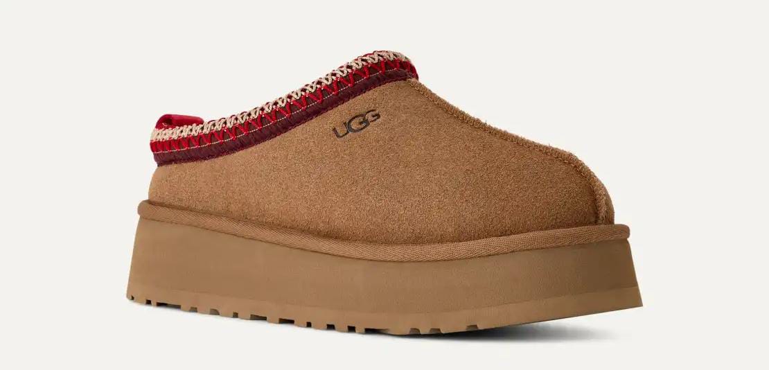 UGG Tazz Platform Slippers  "Chestnut Suede/ Red Braided Trim"
