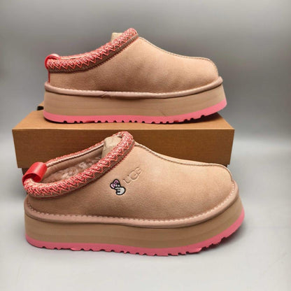 UGG Tazz Platform Slippers 'Sand Beige Suede/ Pink Braided Trim"