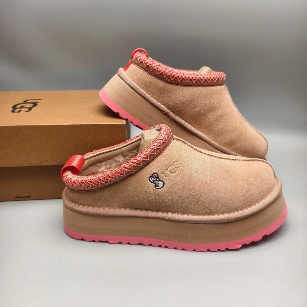UGG Tazz Platform Slippers 'Sand Beige Suede/ Pink Braided Trim"