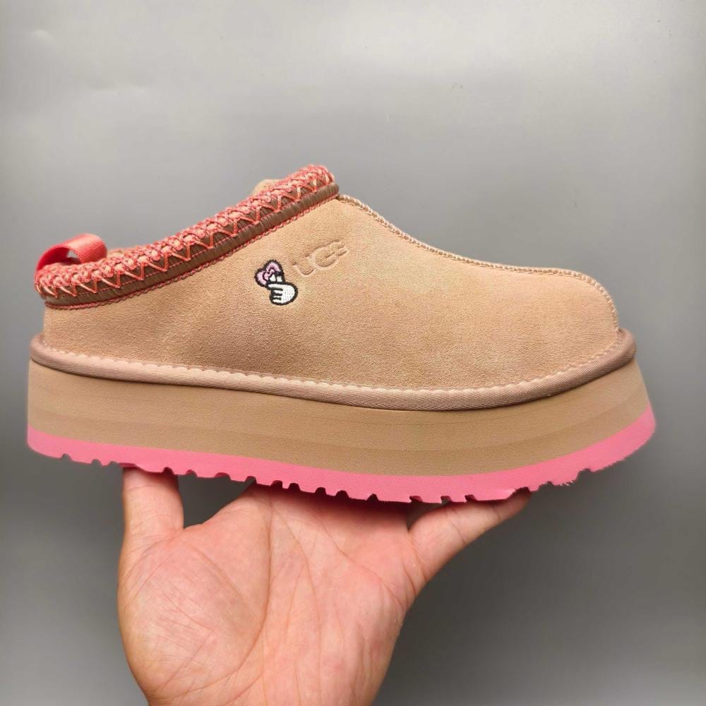 UGG Tazz Platform Slippers 'Sand Beige Suede/ Pink Braided Trim"