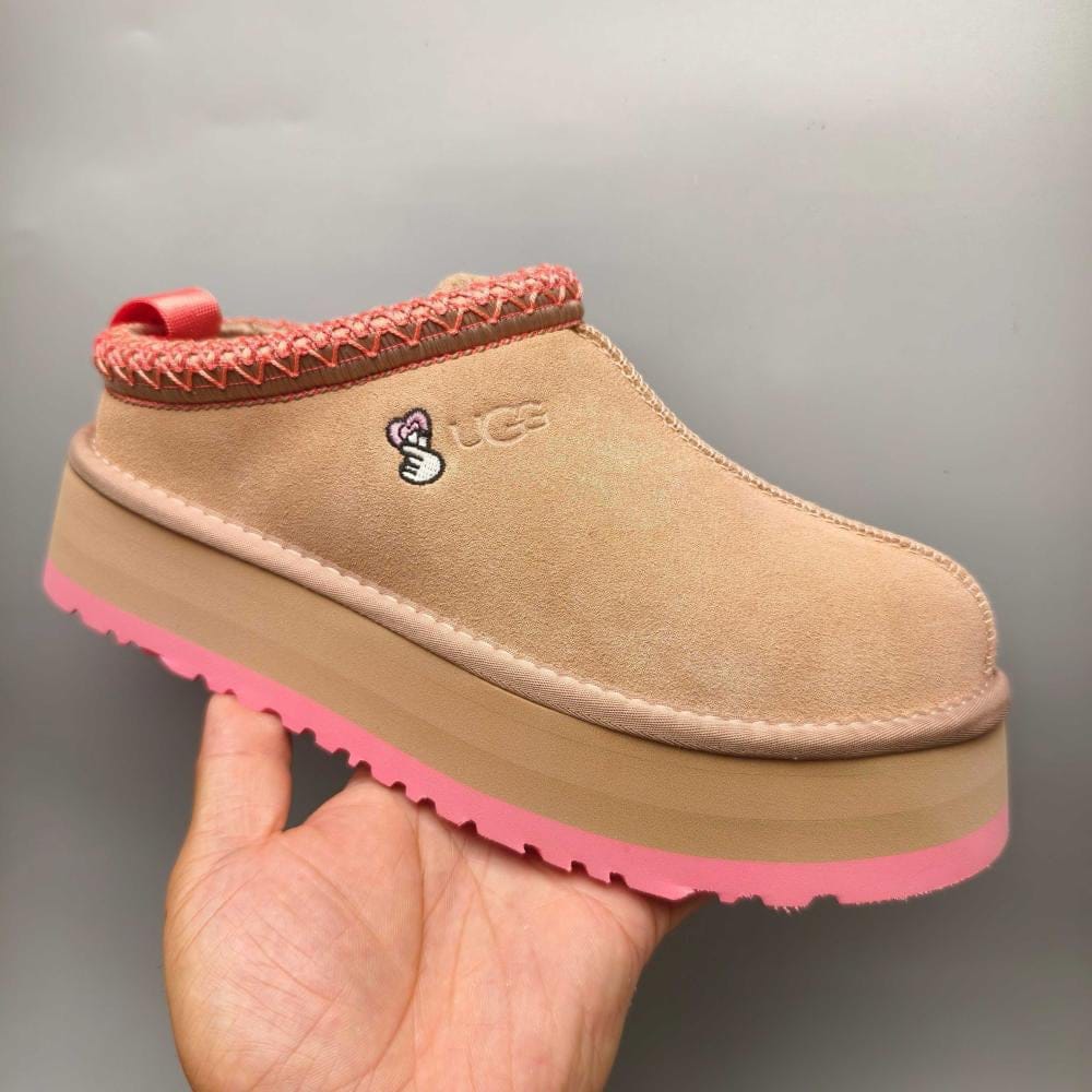 UGG Tazz Platform Slippers 'Sand Beige Suede/ Pink Braided Trim"