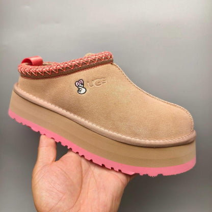 UGG Tazz Platform Slippers 'Sand Beige Suede/ Pink Braided Trim"