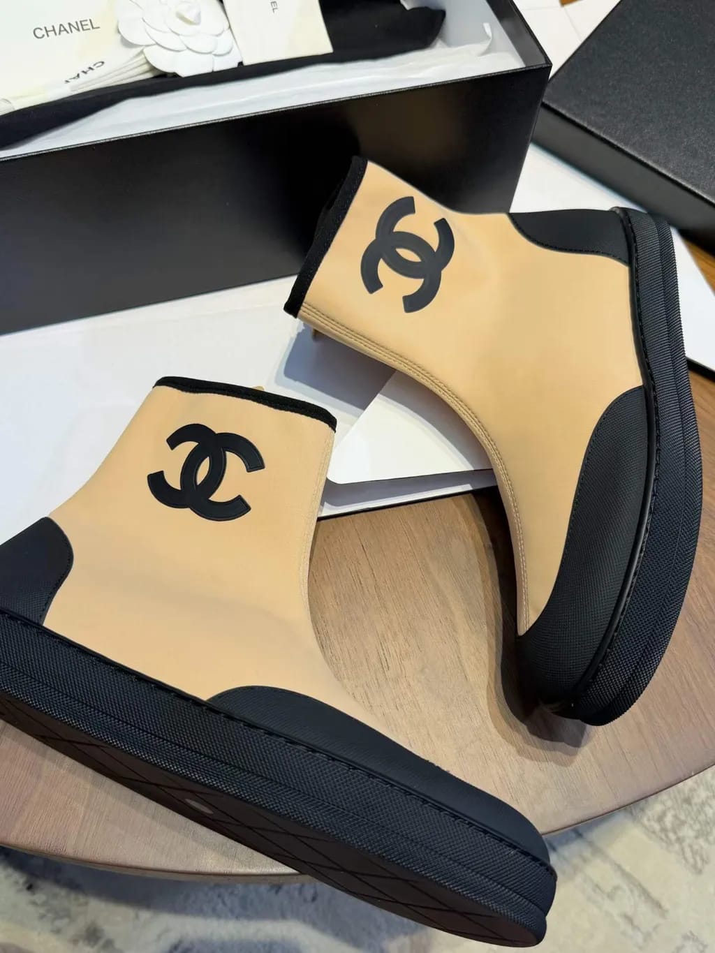 Chanel CC Logo Ankle Boots "Beige & Black"