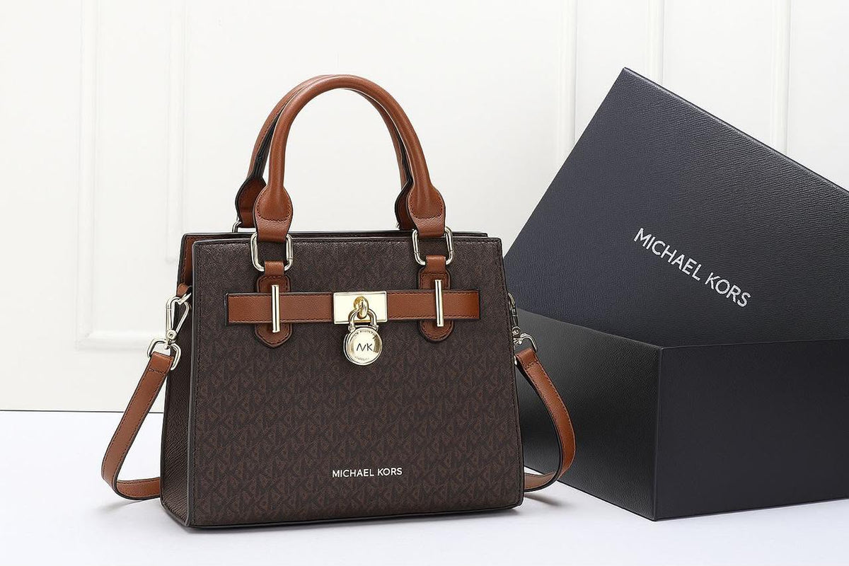 Michael Kors "Brown" Monogram Satchel with Tan Trim and Gold Padlock Charm