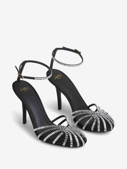 Alevì Milano Crystal Strappy Ankle Strap Heels "Black & Silver"