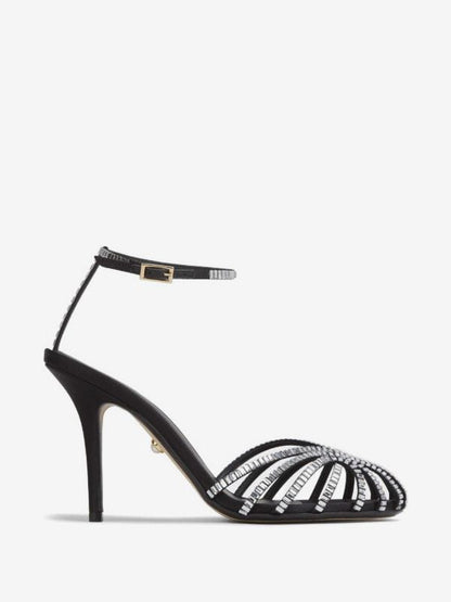Alevì Milano Crystal Strappy Ankle Strap Heels "Black & Silver"