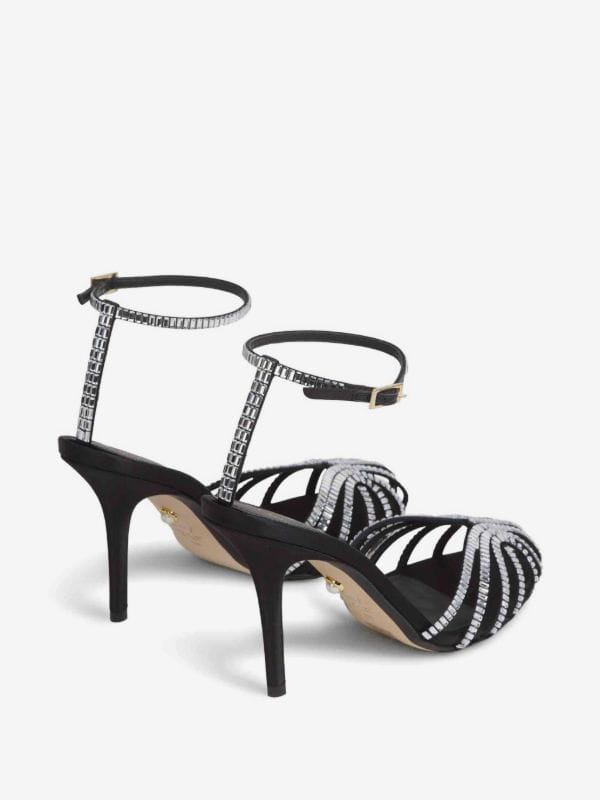 Alevì Milano Crystal Strappy Ankle Strap Heels "Black & Silver"