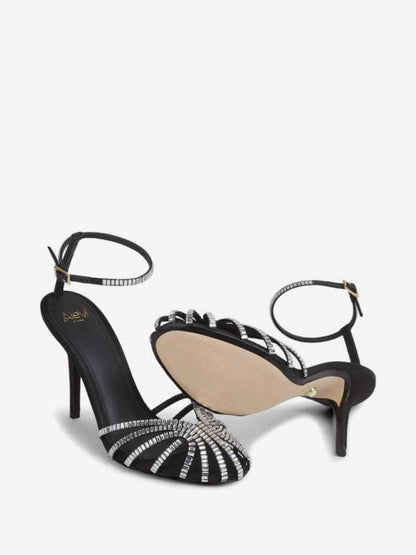 Alevì Milano Crystal Strappy Ankle Strap Heels "Black & Silver"