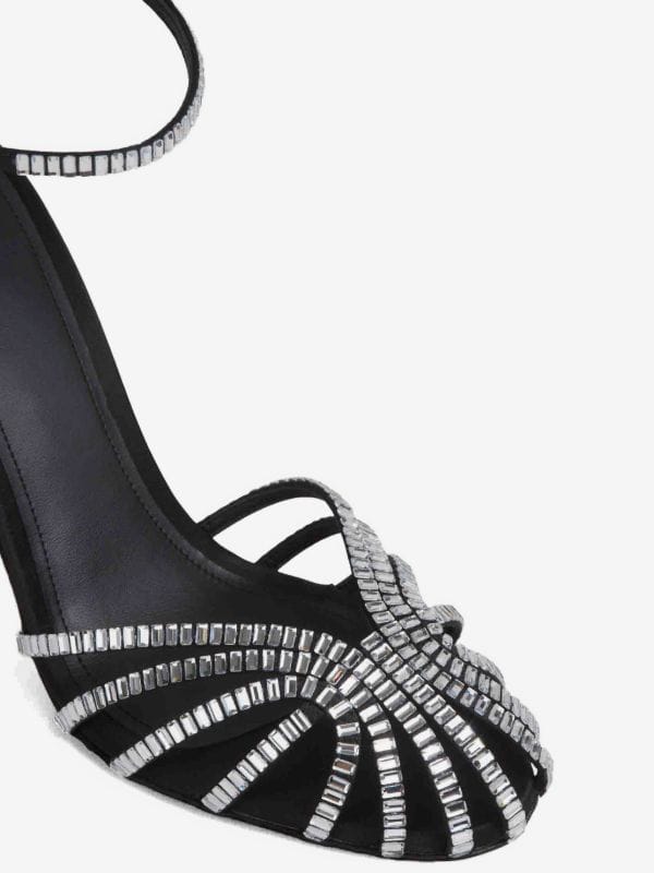 Alevì Milano Crystal Strappy Ankle Strap Heels "Black & Silver"