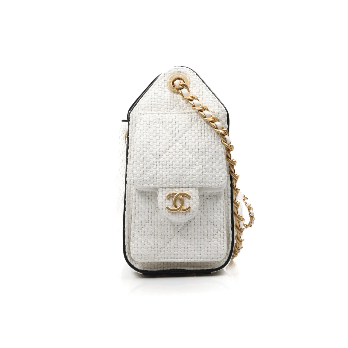 Channel White Woven Quilted Bucket Bag