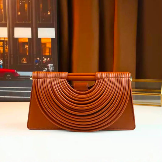 Bottega-Cognac Brown Ribbed Arch Handle Clutch Bag