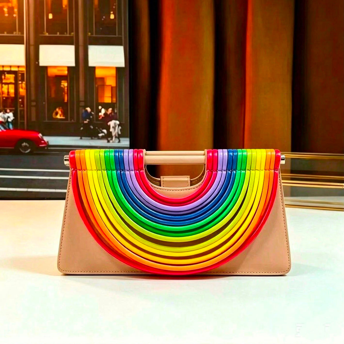 Bottega-Rainbow Multicolor Ribbed Arch Handle Clutch Bag