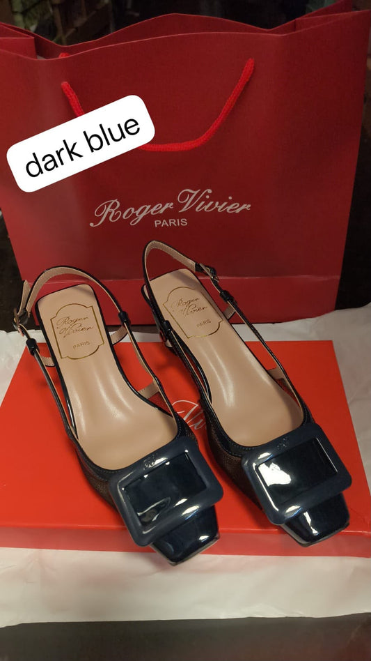 Roger Vivier Dark Blue Buckle Slingback Pumps