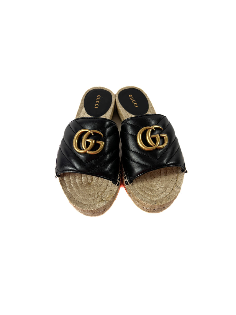 Gucci GG Marmont Black Quilted Leather Espadrille Slide Sandals