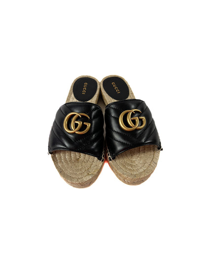 Gucci GG Marmont Black Quilted Leather Espadrille Slide Sandals