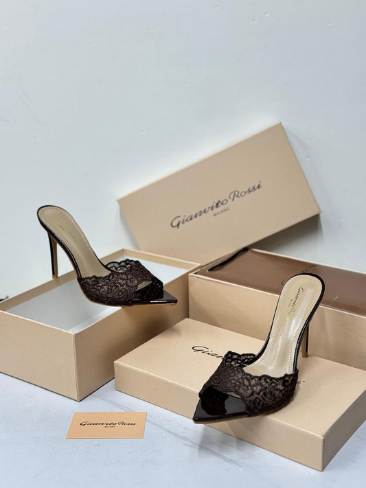 Gianvito Rossi Intricate Lace Stiletto Mules in Dark Espresso