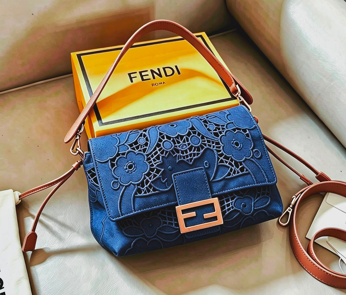 Fendi Navy Floral  Lace Embroidered Baguette Bag