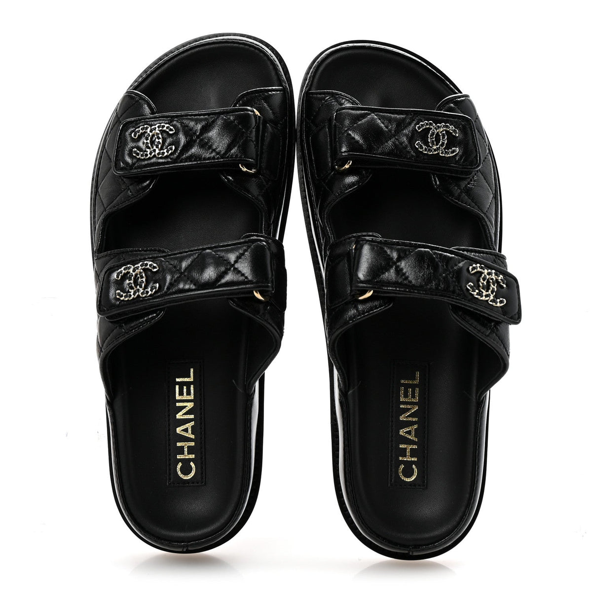 Channel Black Quilted Leather Double Strap Sandals