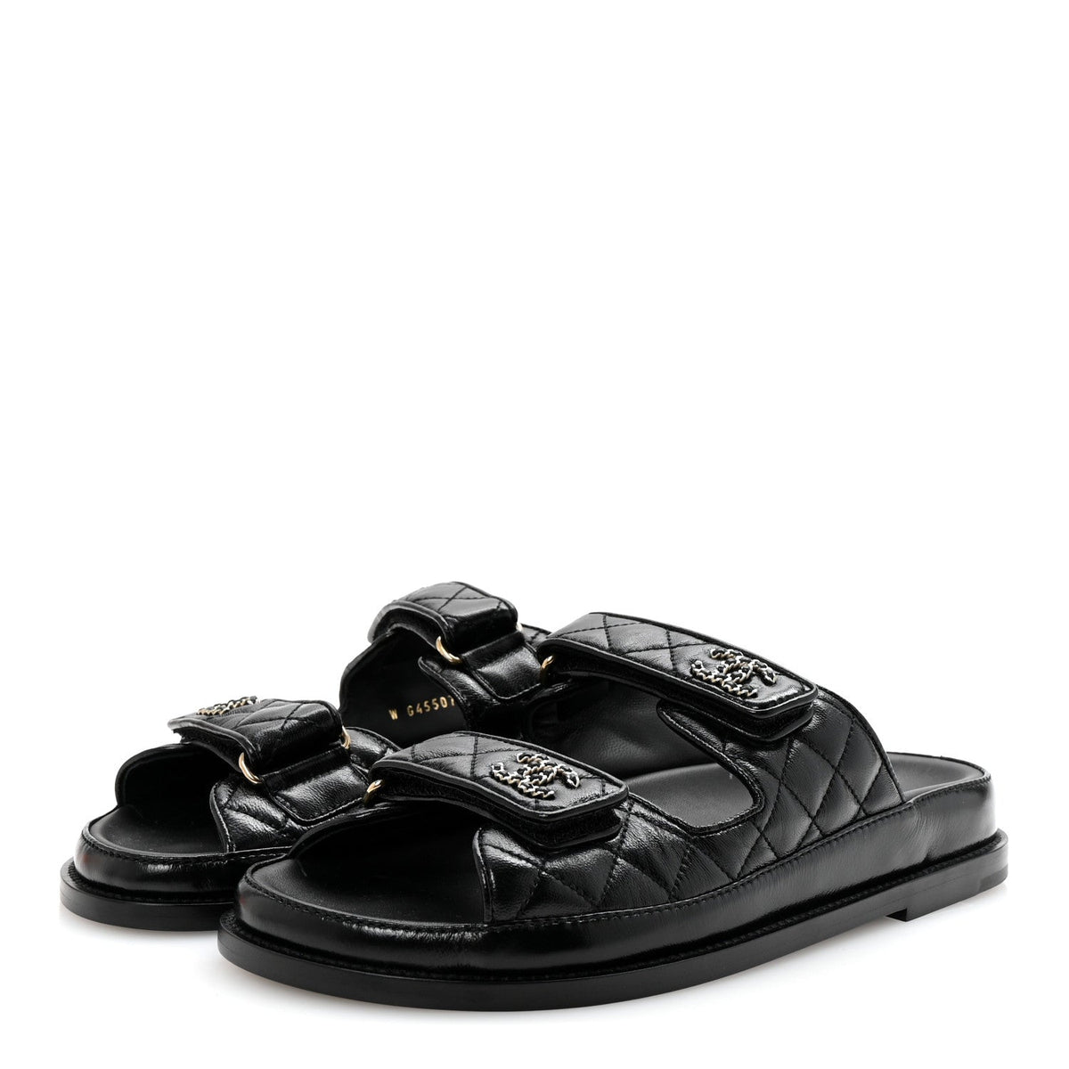 Channel Black Quilted Leather Double Strap Sandals