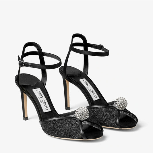 Jimmy Choo Black Lace Crystal-Heeled Sandals