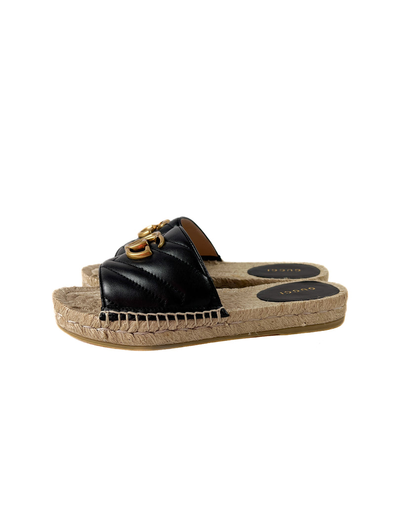 Gucci GG Marmont Black Quilted Leather Espadrille Slide Sandals