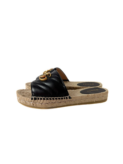 Gucci GG Marmont Black Quilted Leather Espadrille Slide Sandals