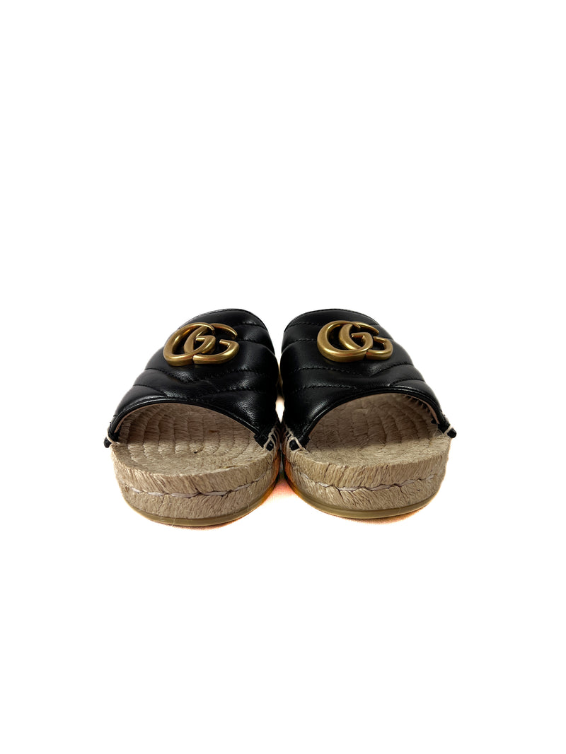 Gucci GG Marmont Black Quilted Leather Espadrille Slide Sandals