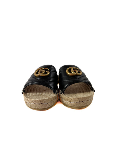 Gucci GG Marmont Black Quilted Leather Espadrille Slide Sandals